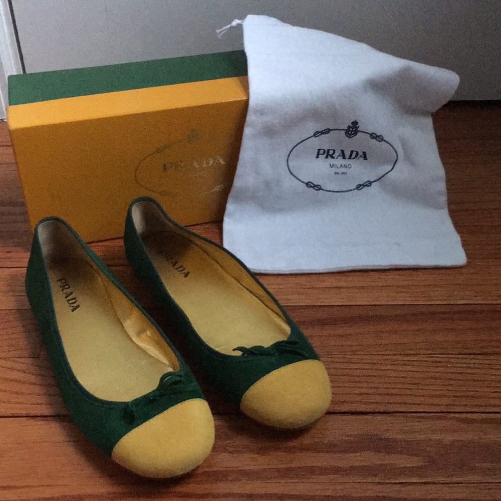 PRADA green & yellow suede ballet flats